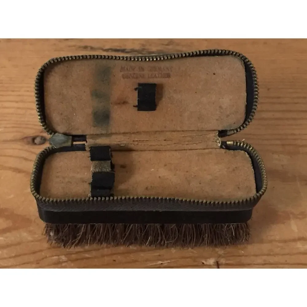 Vintage Western Germany Travel Hair Brush Manicure Set Leather Zip Dopp Kit